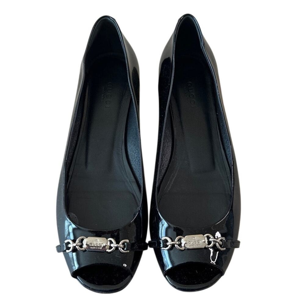 Gucci‎ Vernice Peep Toe Flats Black Patent Leather 38.5